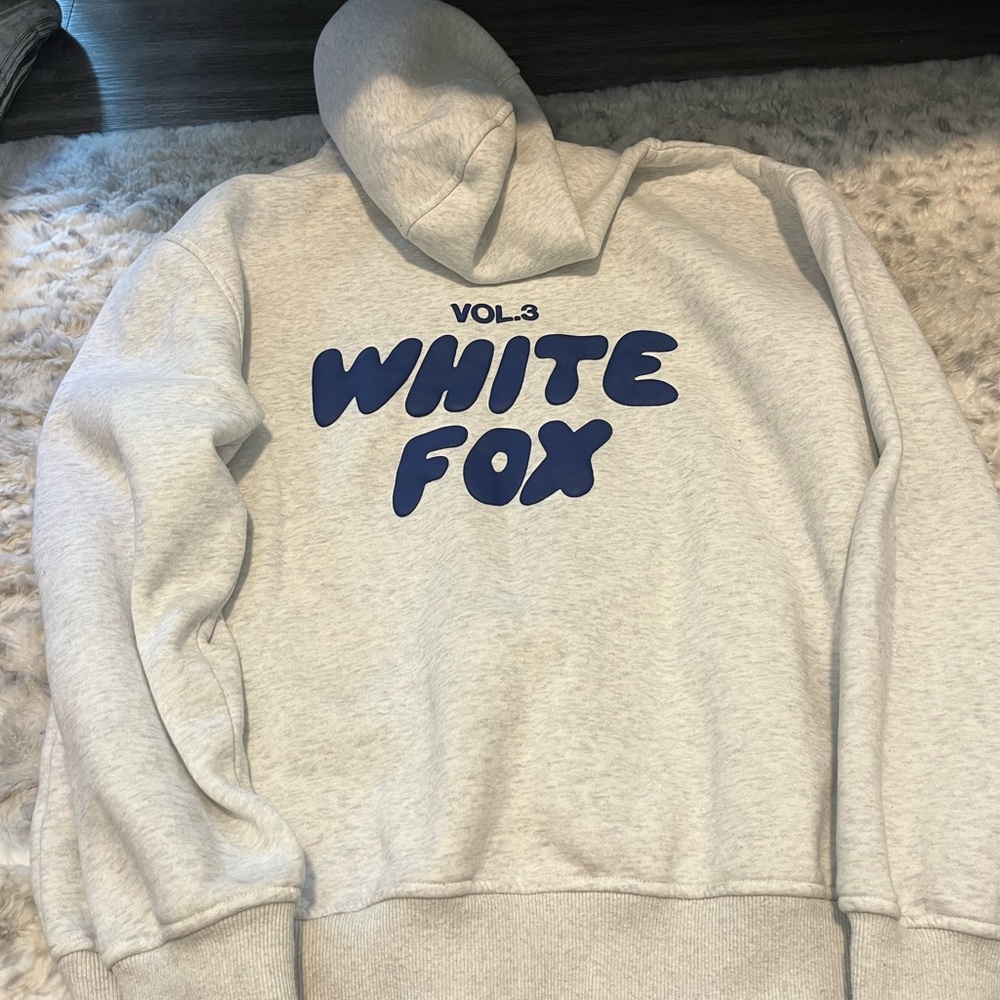 White Fox Boutique Gray Hoodie with Blue Print